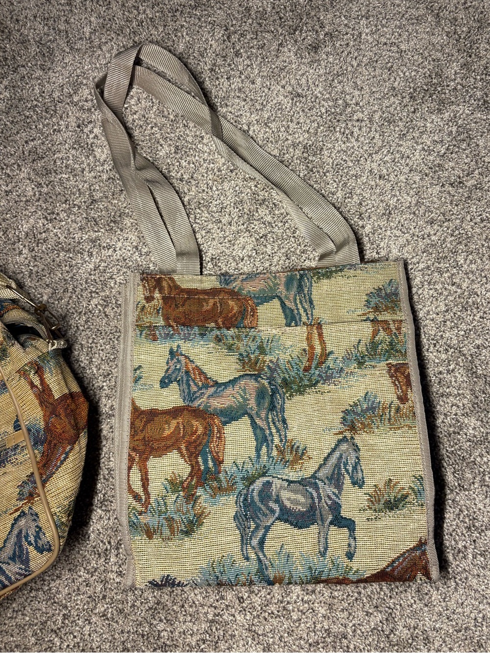Horse Print Tapestry Shoulder Bags - Beige, Brown & Blue
